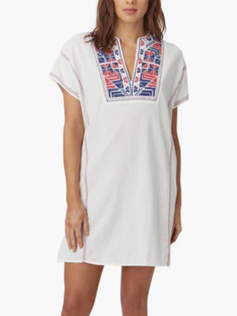 Xirena Vida Cotton Embroidered Shift Dress White Red Blue M